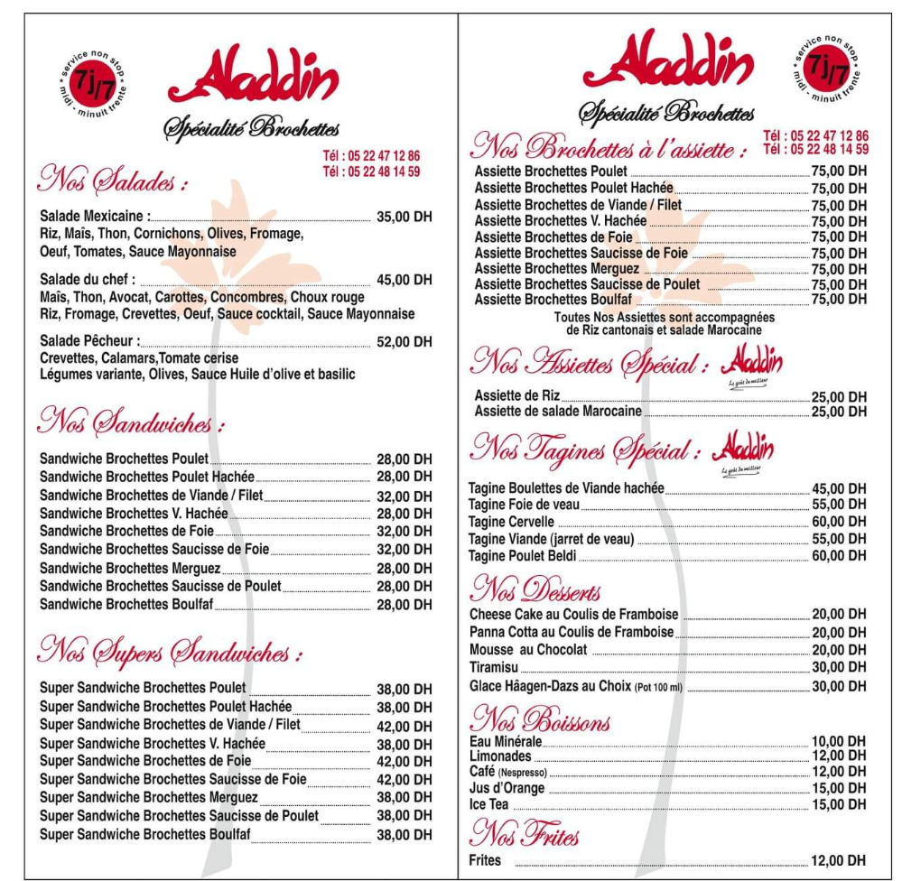 Menu carte prix chez Aladdin